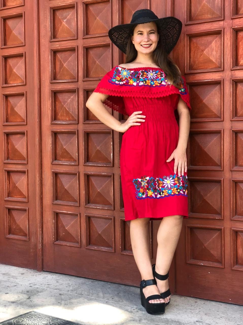 embroidered mexican peasant dress Mexican Dress Bella Natural Beige Muslin Cotton | Floral Embroidery