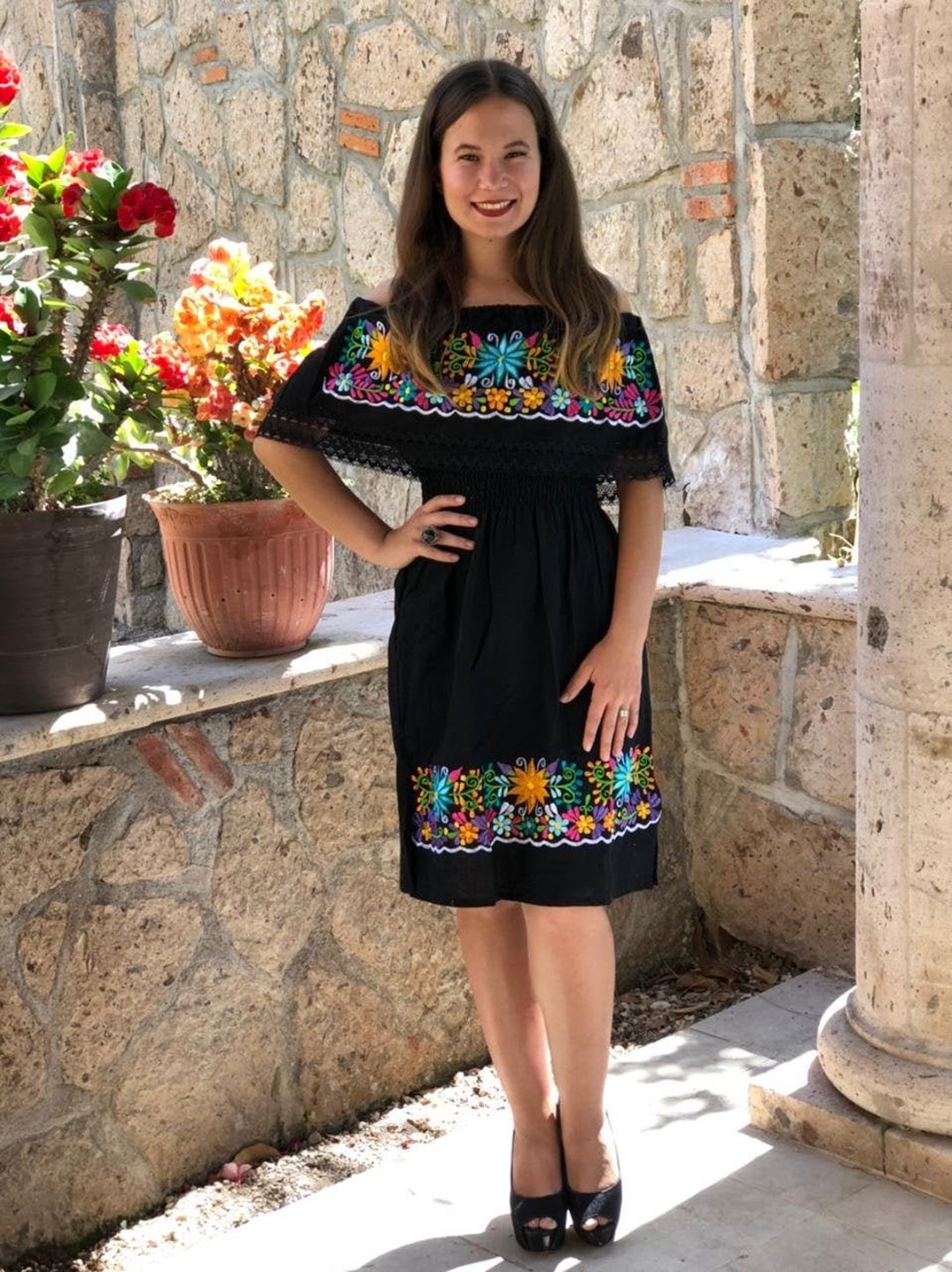 Embroidered Mexican Peasant Dress: Strapless Floral Ethnic Dress Embroidered Mexican Peasant Dress: Strapless Floral Ethnic Dress