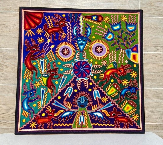 ウイチョル族の糸絵 24 x 24 インチ (60 x 60 センチ)、メキシコ