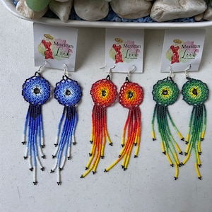 Beaded artisan earrings, huichol earrings, beaded earrings, mexican earrings, huichol art, hippy earrings, gift for her.