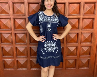 Mexican dress, hand embroidered mexican dress, mexican floral dress, ethnic dress, cotton dress, mexican hupil.