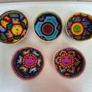 Pumpkin bowl lined with beads, Huichol bowl, Mexican decoration, beaded jicara, Mexican folk art.