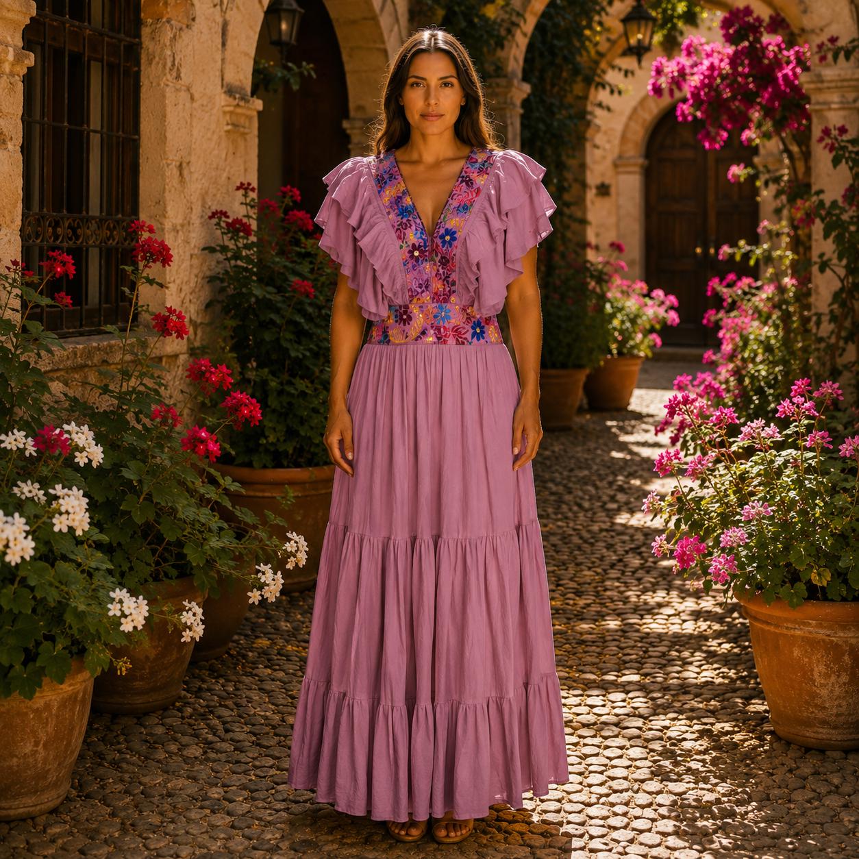 spanish embroidered maxi dress Embroidered Dress Spanish Style Maxi Dress Chilac Embroidered Mexican Long Dress Lolo Mexican Mercadito Black With Pink Turquoise Lilac Embroidery X-Large