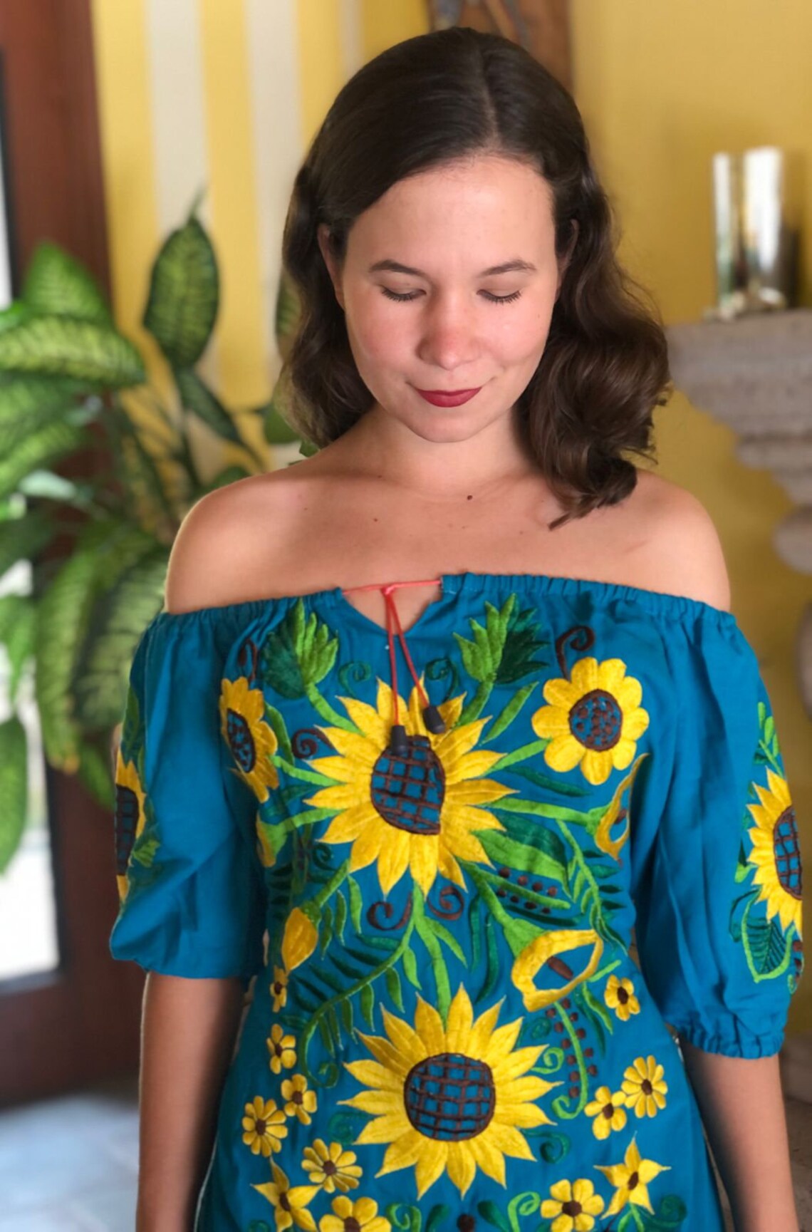 Shoulderless Sunflower Mexican Dress Mexican Floral Dress Etsy