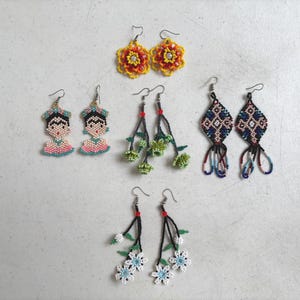Colorful Handmade Huichol Beaded Earrings, Mexican indigenous jewelry, Frida style, Festival Accessories-