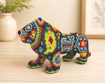 Huichol Beaded Lion Figurine, Handmade Colorful Mexican Folk Art
