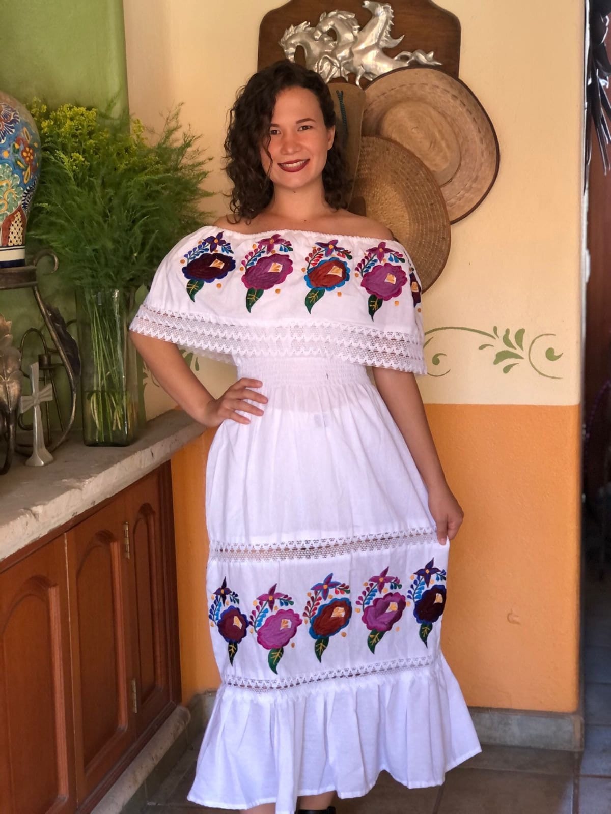 Hand Embroidered Mexican Peasant Dress: Strapless Floral Long Dress