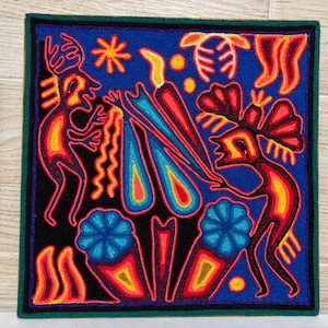 Huichol yarn painting 12 X 12 inches (30 X 30 cms), Huichol Thread Painting - Handmade Mexican Art with a Detailed History.