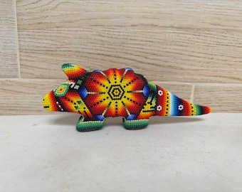 Huichol Art Armadillo Figure: Handmade Glass Beadwork Decor