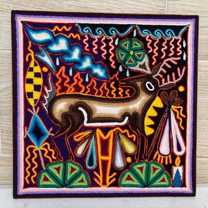 Huichol yarn painting 12 X 12 inches (30 X 30 cms), Huichol Thread Painting - Handmade Mexican Art with a Detailed History.