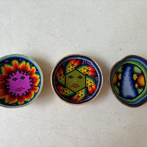 Pumpkin bowl lined with beads, Huichol bowl, Mexican decoration, beaded jicara, Mexican folk art.