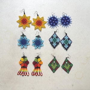 Colorful Handmade Huichol Beaded Earrings, Mexican indigenous jewelry, Frida style, Festival Accessories-gift for her.