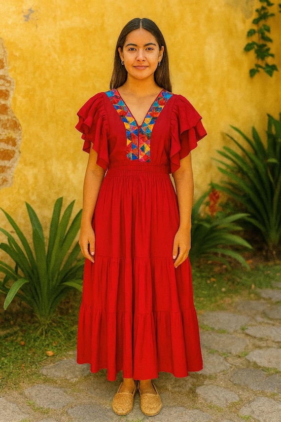 Handmade Embroidered Mexican Maxi Dress: Ethnic Ruffle Sleeve Gown