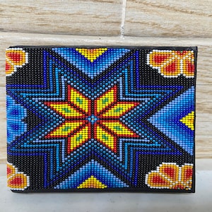 Leather wallet, wallet covered with hand embroidery of mico beads, Mexican Art, Huichol Art, special gift.