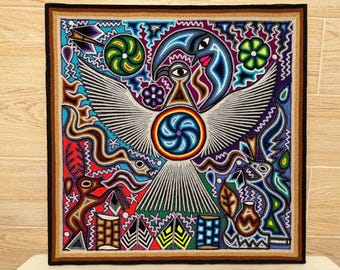 絵画、額入り、ハンドメイド、メキシコ 24インチ ウイチョル絵画、メキシコの民芸品、ウイチョル美術