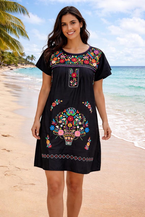 Hand Embroidered Mexican Dress: Floral Hupil - Etsy Israel