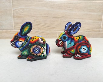 Huichol Beaded Rabbit Figure, Authentic Mexican Folk Art Decor