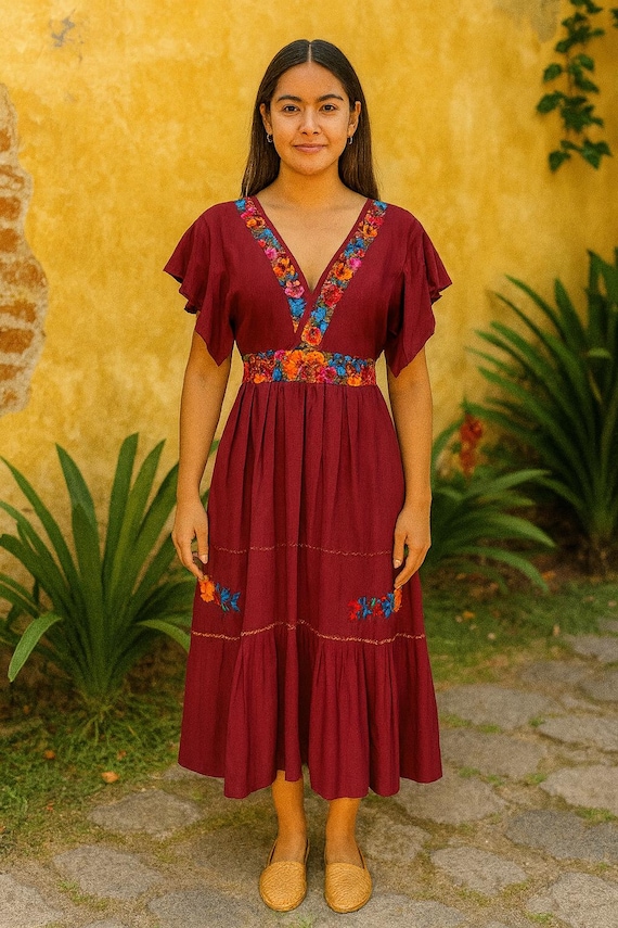 Embroidered Rayon Maxi Dress: Handmade Boho Mexican Dress - Etsy Israel