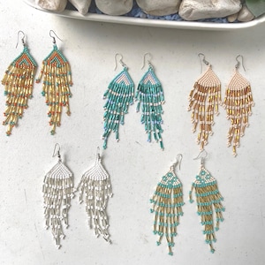 Beaded artisan earrings, huichol earrings, beaded earrings, mexican earrings, huichol art, hippy earrings, gift for her.