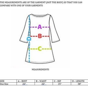 May include: Diagram of a dress with labeled measurements: bust, waist, hip, and length. The bust, waist, and hip are 25 inches each, and the length is 38 inches. The text at the top says, "THE MEASUREMENTS ARE OF THE GARMENT (NOT THE BODY) SO THAT YOU CAN COMPARE WITH ONE OF YOUR GARMENTS."