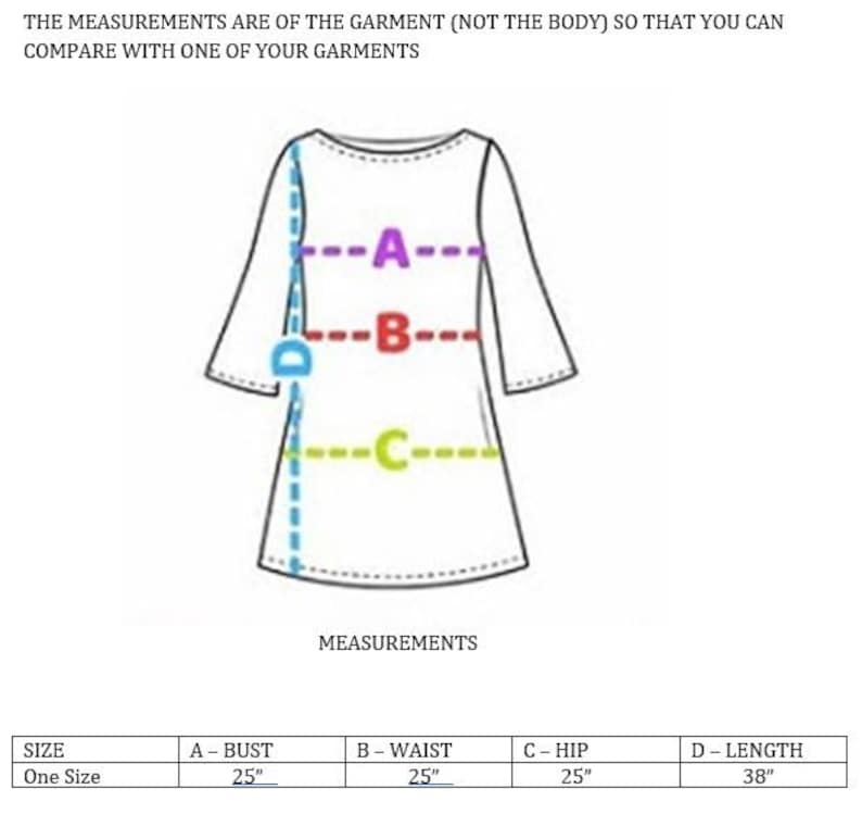 May include: Diagram of a dress with labeled measurements: bust, waist, hip, and length. The bust, waist, and hip are 25 inches each, and the length is 38 inches. The text at the top says, "THE MEASUREMENTS ARE OF THE GARMENT (NOT THE BODY) SO THAT YOU CAN COMPARE WITH ONE OF YOUR GARMENTS."