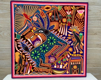 Huichol yarn painting 24" X 24" Inches ( 60 X 60 cms), Mexican decor, Mexican wall art, Wall decor, yarn art, mexican folk art.