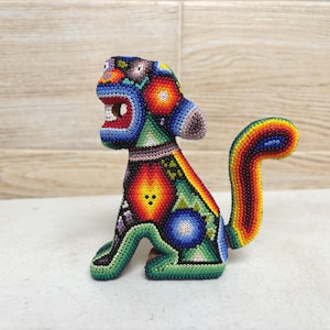 Handmade Huichol Beaded Jaguar Figurine, Mexican Folk Art, Colorful -beadwork Sculpture.