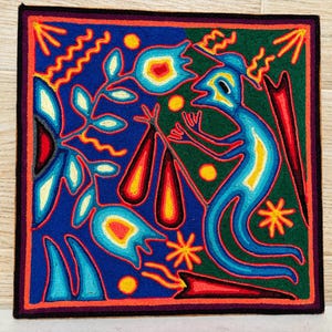 Huichol yarn painting 12 X 12 inches (30 X 30 cms), Huichol Thread Painting - Handmade Mexican Art with a Detailed History.