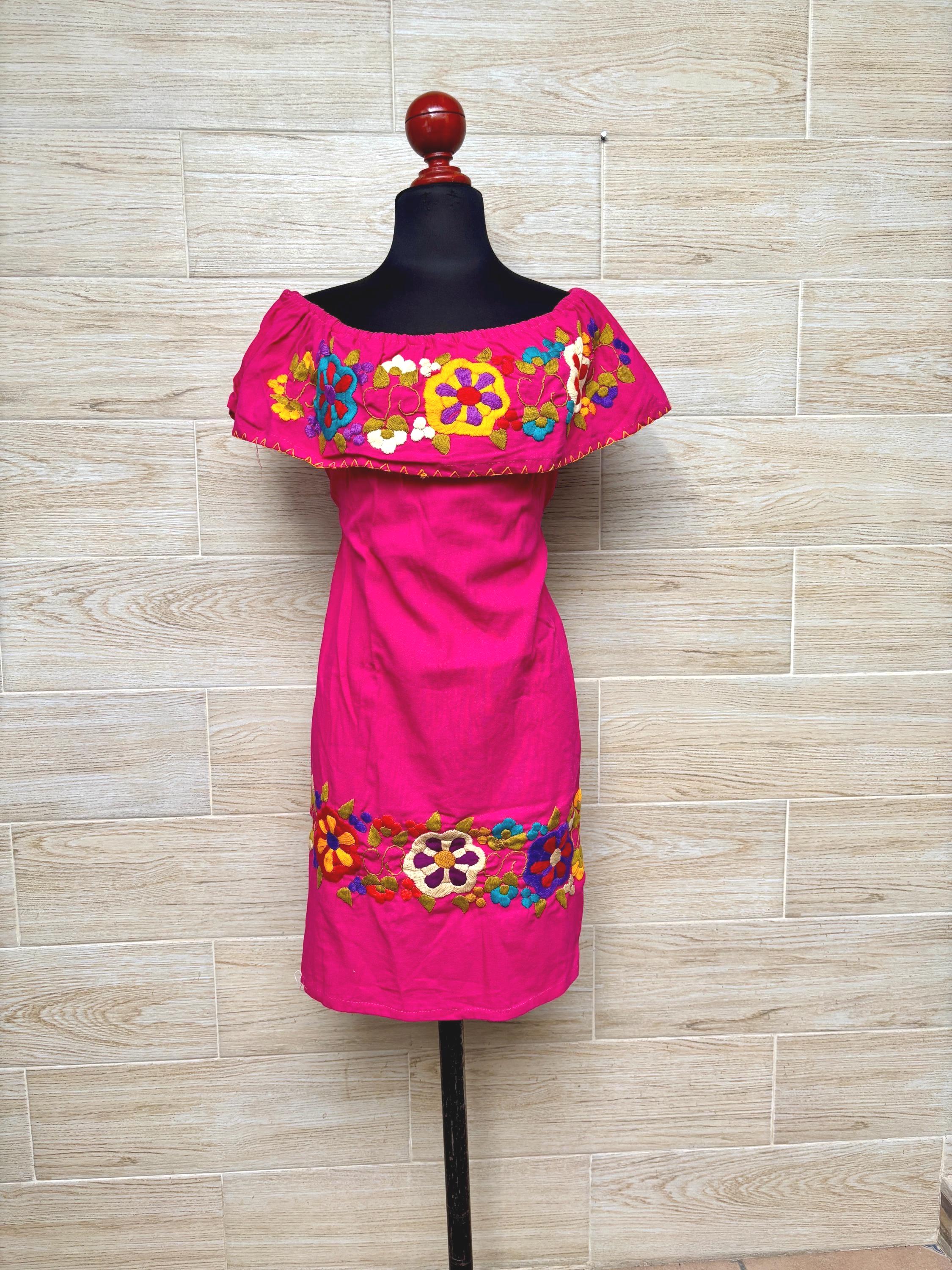 Hand Embroidered Mexican Peasant Dress: Strapless Floral Cotton