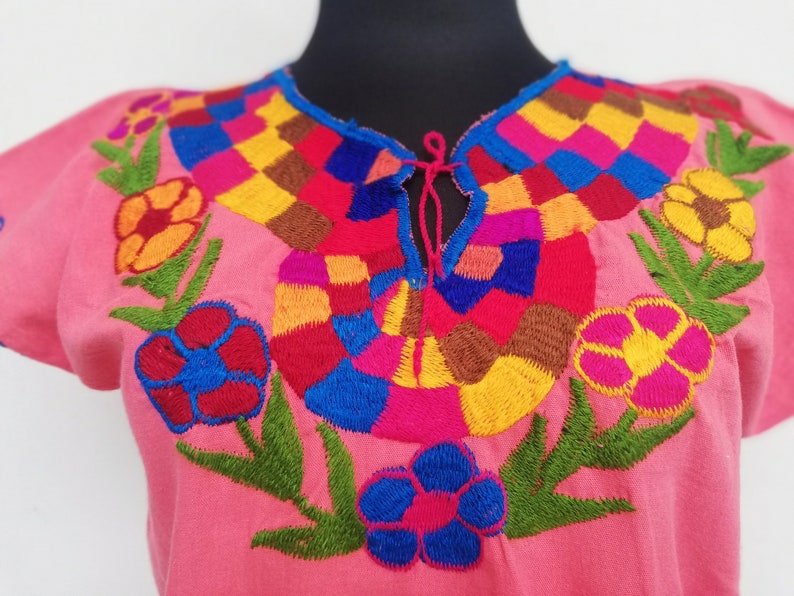multicolored floral emboidery mexican huipil. Traditional mexican hand embroidered blouse ethnic blose