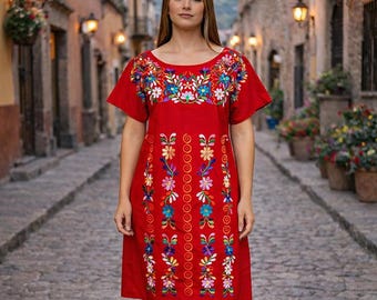 Embroidered Mexican Dress: Floral Ethnic Huipil