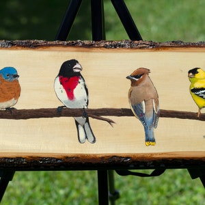 May include: A wooden art piece featuring four colorful birds perched on a brown branch. The birds include a bluebird, a black and white bird with a red chest, a brown bird with a crest, and a yellow bird with black markings. The artwork is displayed on a black easel.