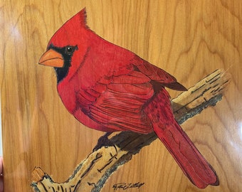 Original Cardinal Painting, Cardinal Pyrography, Painted Wood Burning, Painted Pyrography, Backyard Bird, Red Bird Art, Wood Burning