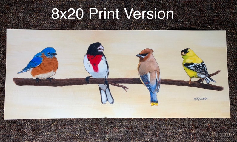 May include: An 8x20 print featuring four colorful birds perched on a brown branch against a light beige background. The birds include a bluebird, a rose-breasted grosbeak, a cedar waxwing, and a goldfinch. The text "8x20 Print Version" is at the top.