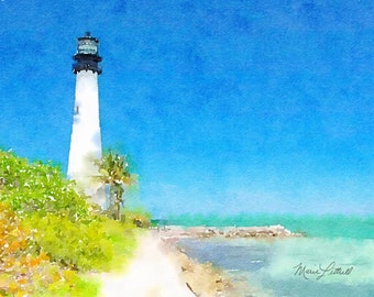 Watercolor Lighthouse Painting, Giclée Print, Cape Lighthouse, Florida, Coastal Decor, Original Art, Ocean, Sea, Bay, Lighthouse Watercolor