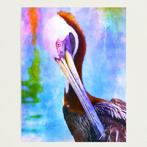 Original Watercolor Painting Pelican, Bright Colorful Art Print, Mounted Canvas, Tropical Artwork, Sea Bird, Beach Artwork, Coastal Décor