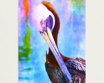 Original Watercolor Painting Pelican, Bright Colorful Art Print, Mounted Canvas, Tropical Artwork, Sea Bird, Beach Artwork, Coastal Décor