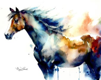 May include: A watercolor painting of a horse in profile, featuring a blend of deep blue, brown, and orange pigments. The artwork displays fluid, expressive brushstrokes with a white background and the signature Marie Littrell in the bottom left.