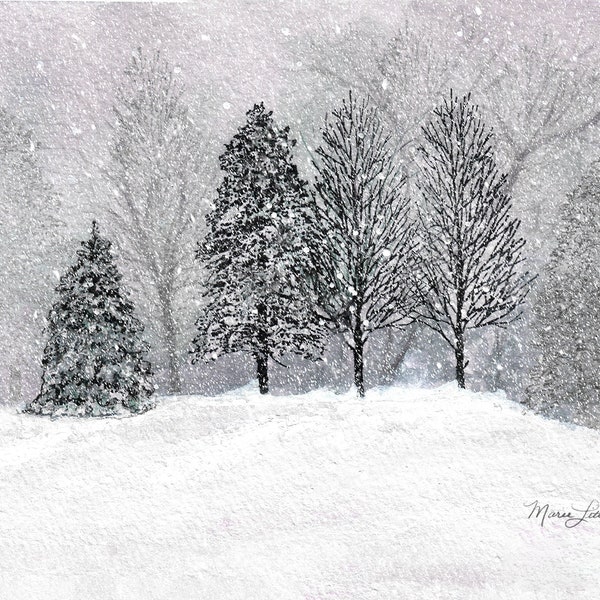 ORIGINAL Watercolor Painting Art Print, Snowy Winter Blizzard Scene, Tree Silhouettes, Christmas, Landscape Painting, Black White Gray