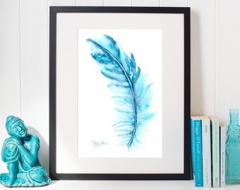 Watercolor Bird Feather Painting Art Print, Blue-Green, Turquoise, Pink, Purple, Blue, Décor, Wall Art, Giclée