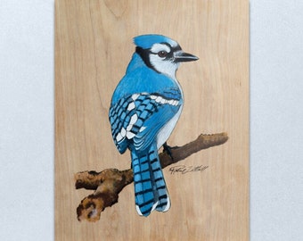 Blue Jay Painting PRINT, Blue Jay Painted -Original Art, Painted Pyrography, Backyard Birds, Painting on Wood, Wood Burning, Wildlife