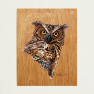 Original Painting & Pyrography on Wood, Great Horned Owl, Painted Pyrography, Wood Burning, Wildlife Art Prints, Colored Wood Burning