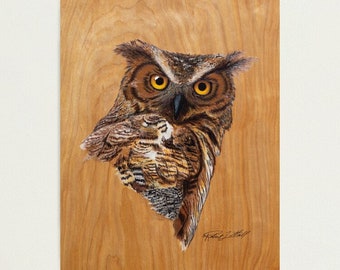 Original Painting & Pyrography on Wood, Great Horned Owl, Painted Pyrography, Wood Burning, Wildlife Art Prints, Colored Wood Burning