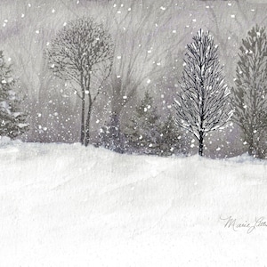 ORIGINAL Watercolor Painting Art Print, Snowy Winter Blizzard Scene, Tree Silhouettes, Christmas, Landscape Painting, Black White Gray