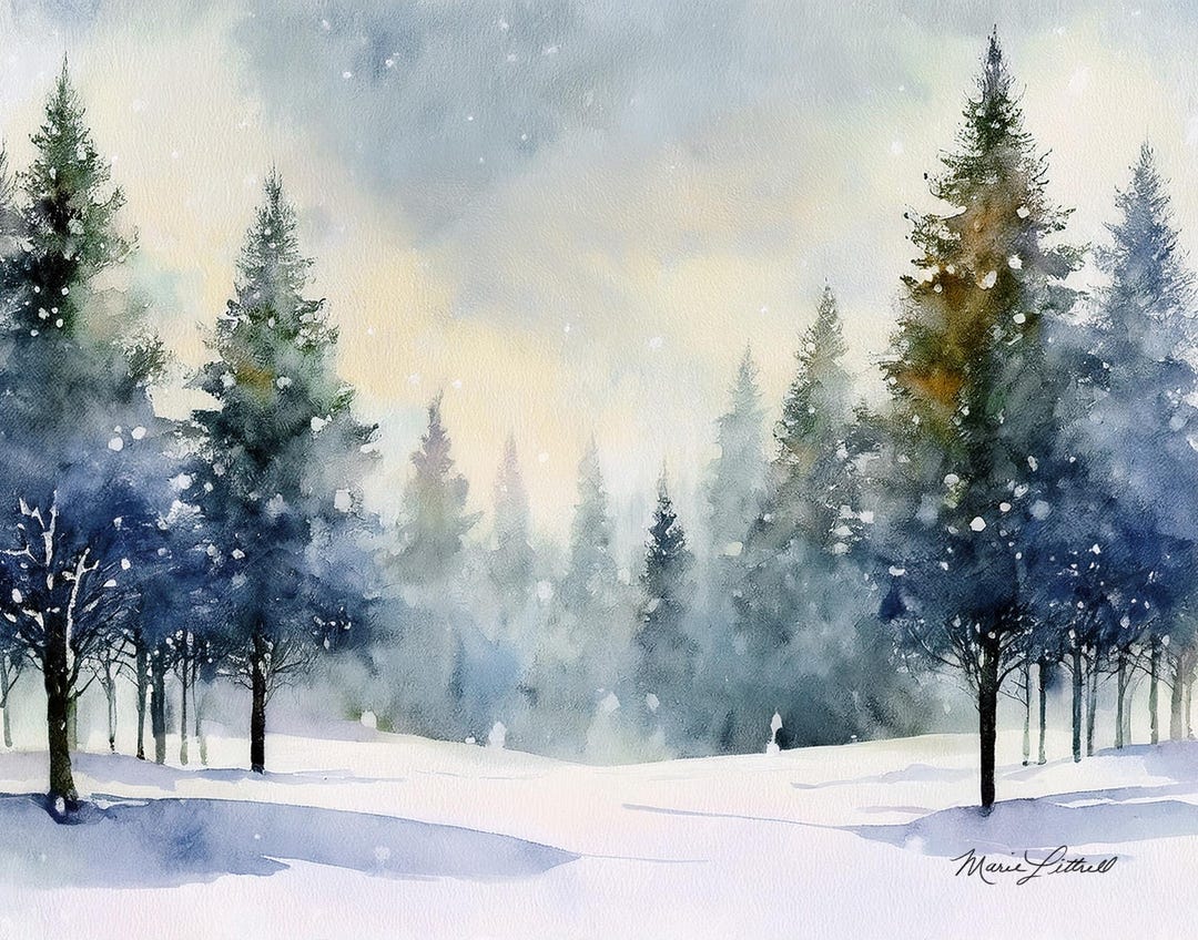 Peaceful Winter Forest Watercolor Print – Snowy Pine Landscape Wall Art ...