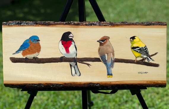 Birds on a Branch Painted Pyrography, Natural Live Edge Wood, Wood Burning, Bird Art, Blue Bird, Rose-breasted Grosbeak, Waxwing, Goldfinch
