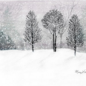 ORIGINAL Watercolor Painting Art Print, Snowy Winter Blizzard Scene, Tree Silhouettes, Christmas, Landscape Painting, Black White Gray
