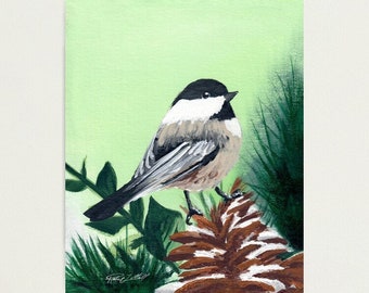 Chickadee Acrylic Canvas Painting, Pine Cone, Winter, Bird Art, Woodland, Snow, Art Prints, Original Artwork, Wildlife Décor, Christmas