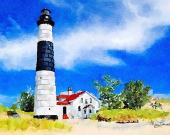 Big Sable Point Michigan Lighthouse, Watercolor Giclée Print, Coastal Décor, Original Art, Ocean, Sea, Lake, Upper Peninsula