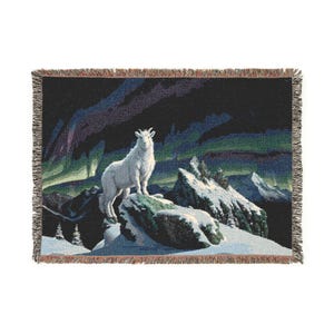 Aurora Mountain Goat Woven Blanket | Northern Lights Wildlife Throw, Alpine Cliff Nature Wall Art Cabin Gift